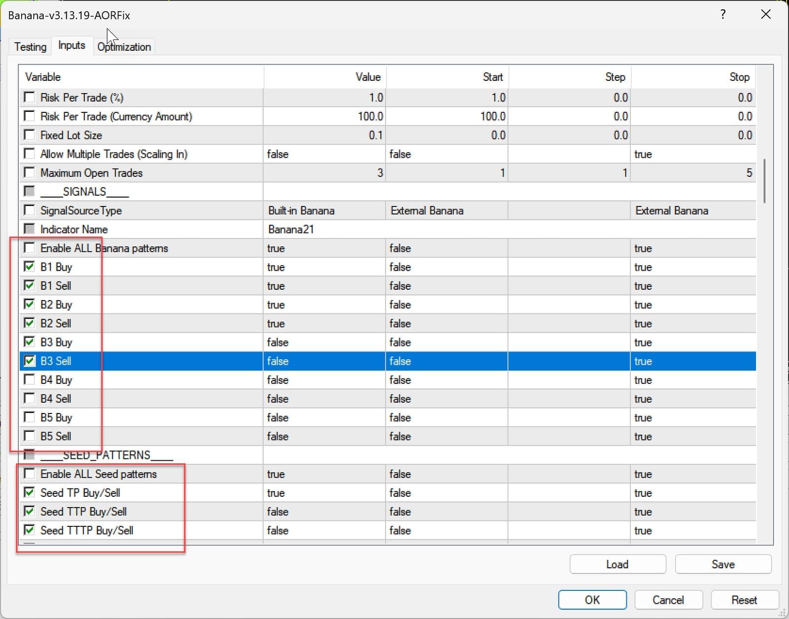 Example EA parameter configuration in Strategy Tester