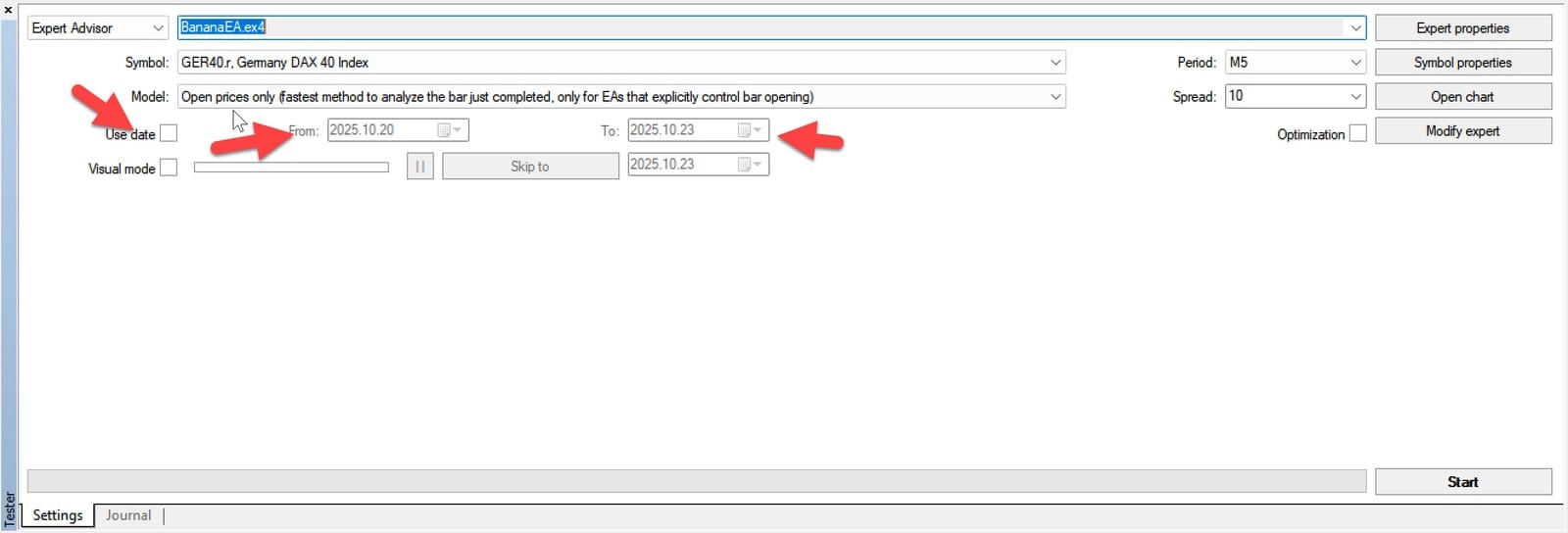 Strategy Tester Date Range Settings