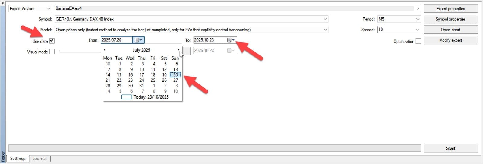 Strategy Tester Date Range Settings