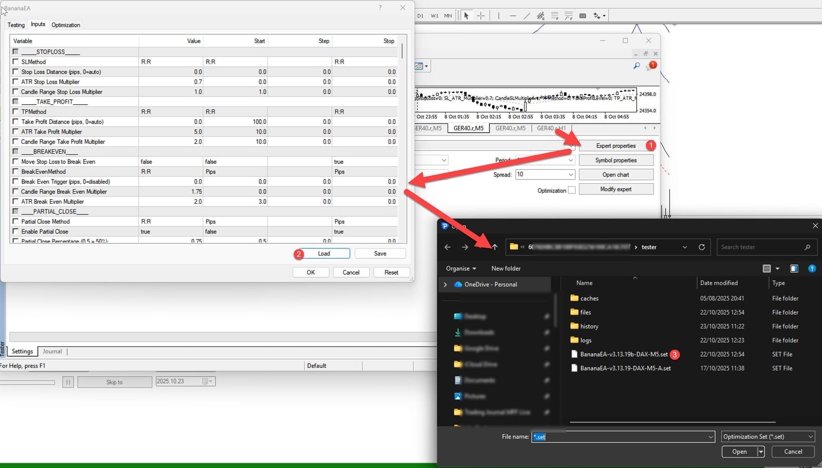 Example EA parameter configuration in Strategy Tester
