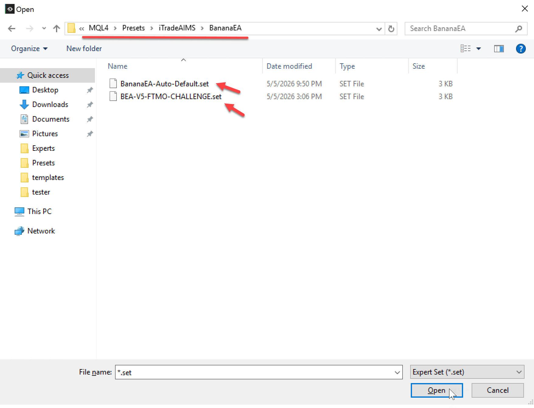 MT4 Open dialog showing BananaEA Version 5 set files in MQL4 Presets iTradeAIMS BananaEA