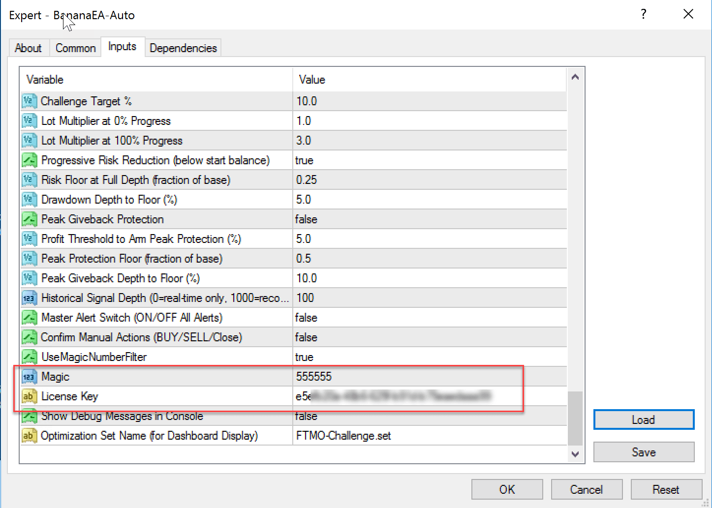 BananaEA-Auto Inputs tab showing Magic Number, License Key, and Optimization Set Name near the bottom of the list