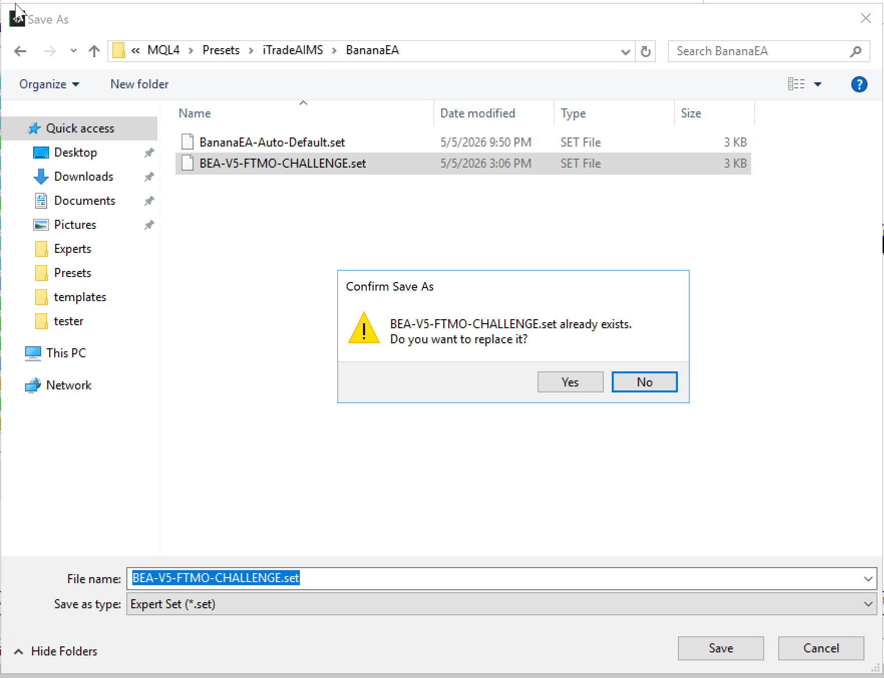 MT4 Save As dialog for saving a BananaEA Version 5 set file after entering the license key