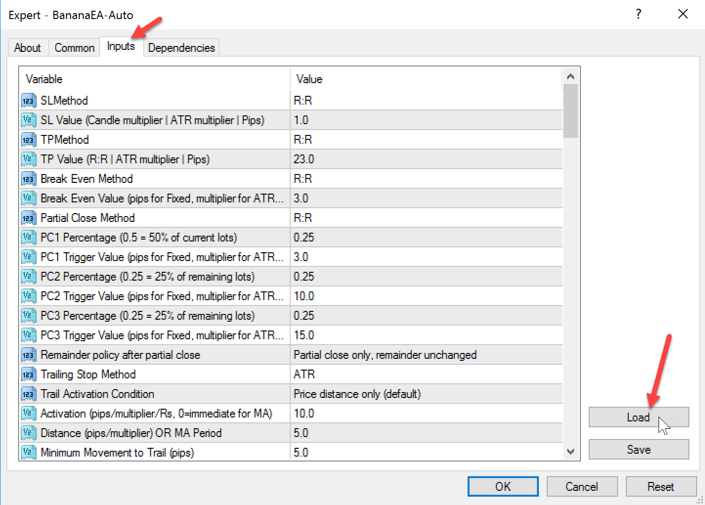 BananaEA-Auto Expert settings Inputs tab with Stop Loss, Take Profit, Break Even, Partial Close, and Trailing Stop rows visible