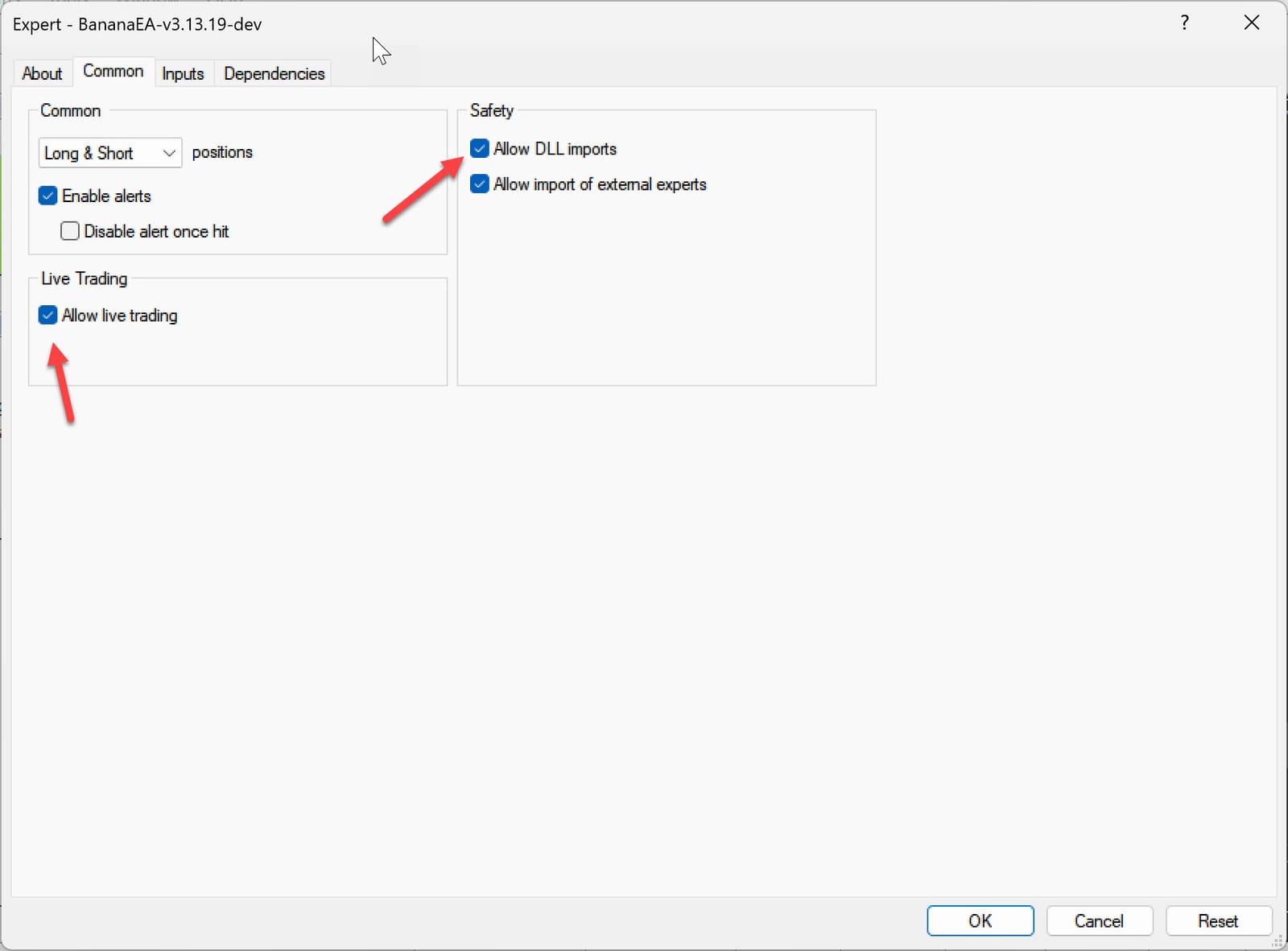 MetaTrader 4 Expert Advisors options with automated trading and DLL import settings