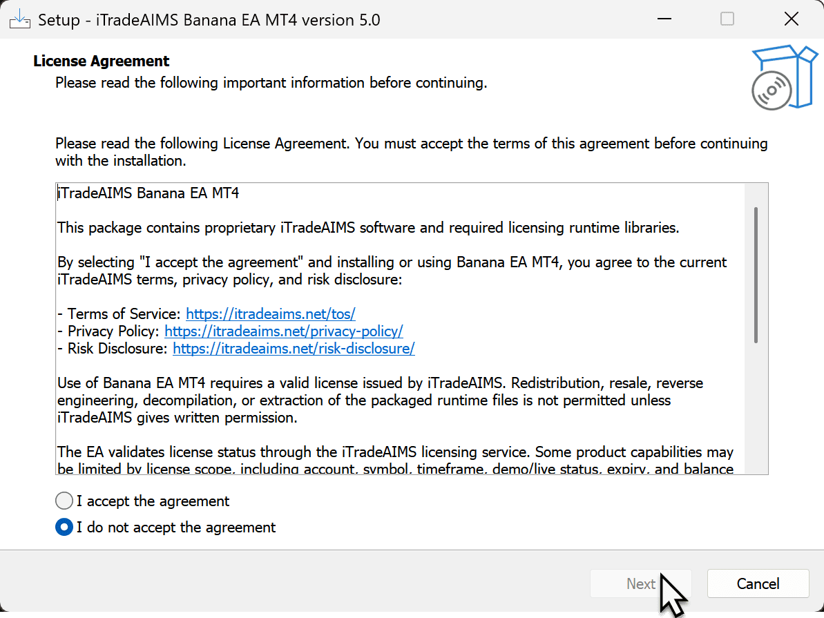 BananaEA MT4 installer license agreement screen
