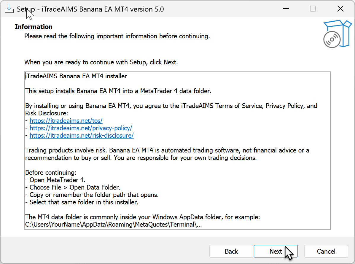 BananaEA MT4 installer information screen with setup guidance