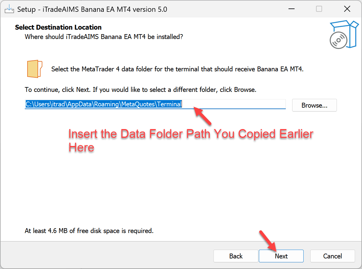 BananaEA MT4 installer destination folder screen