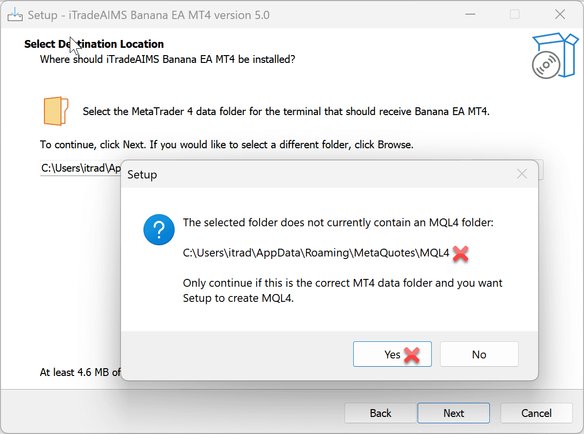 BananaEA MT4 installer warning that the selected folder does not contain an MQL4 folder