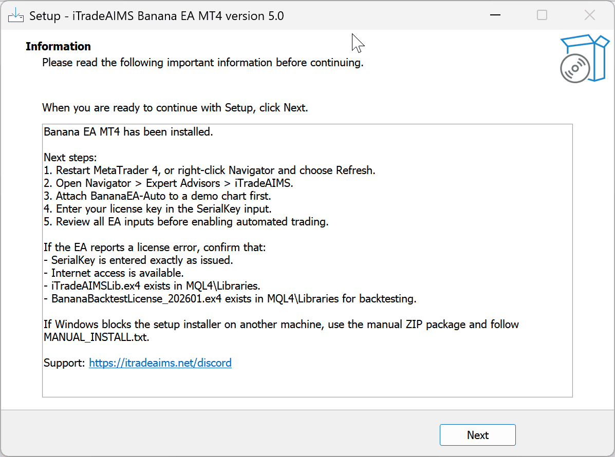 BananaEA MT4 installer post-install information screen with next steps