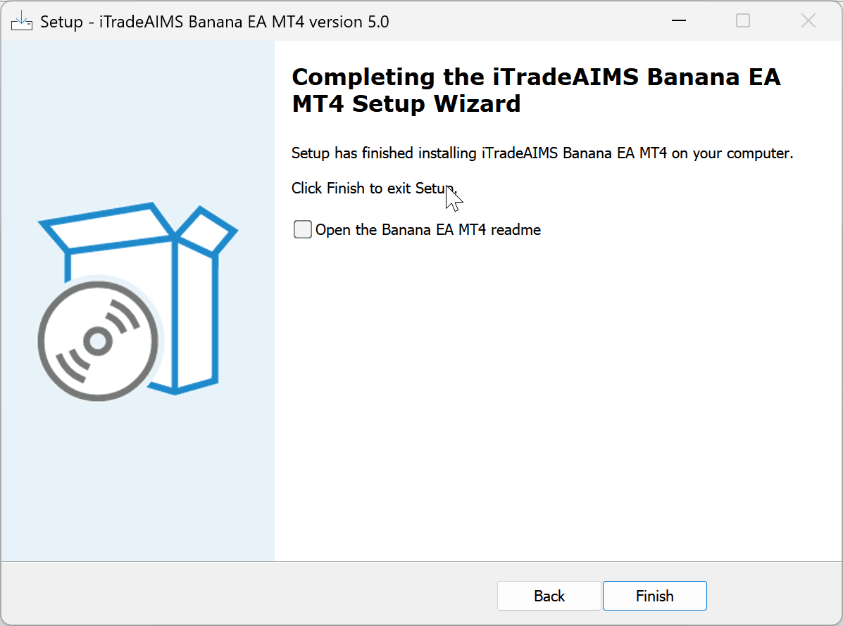 BananaEA MT4 setup wizard completion screen