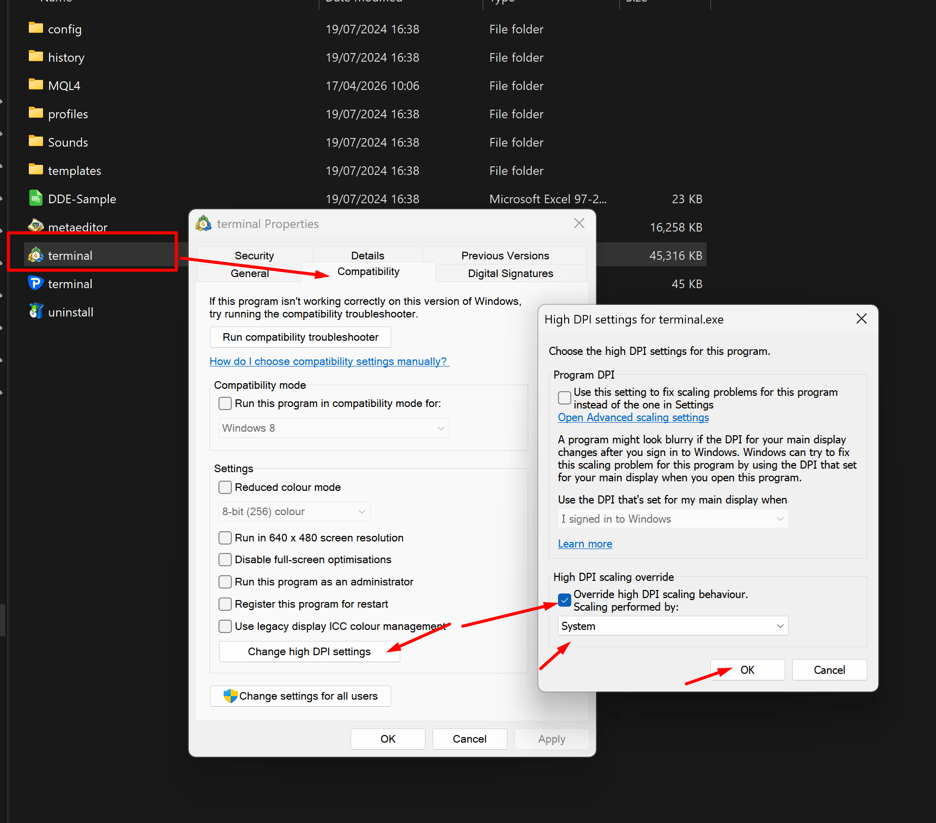 Windows compatibility settings for MT4 terminal.exe showing the High DPI scaling override set to System