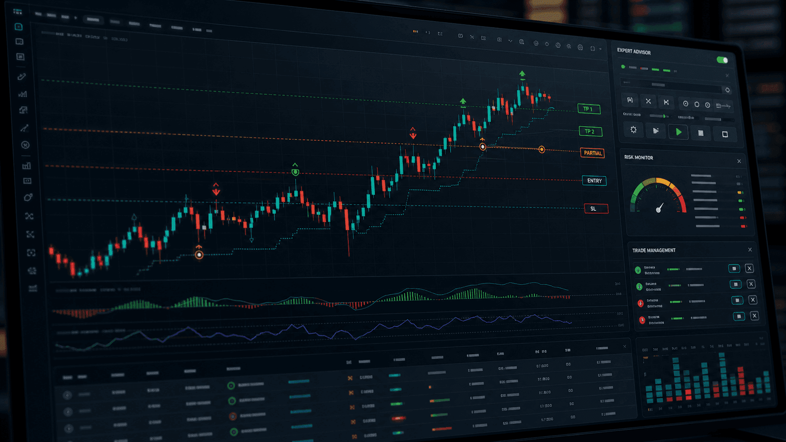 Banana EA managing a live trading chart with automated trade levels and risk controls.