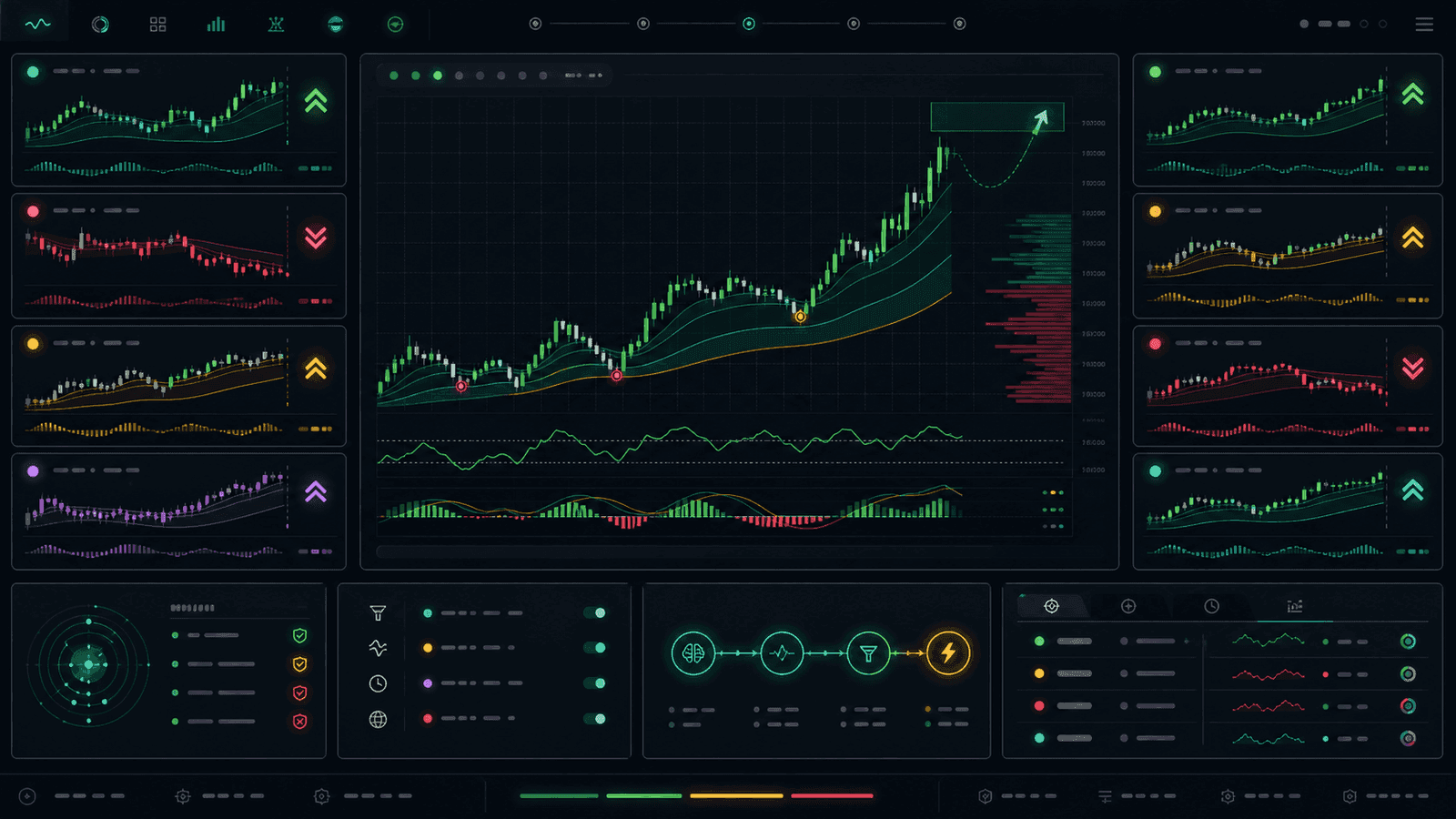 Banana EA scanning multiple charts and market filters in an automated trading dashboard.
