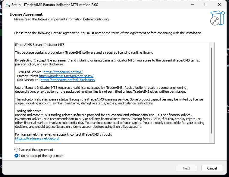 Banana Indicator MetaTrader installer license agreement screen