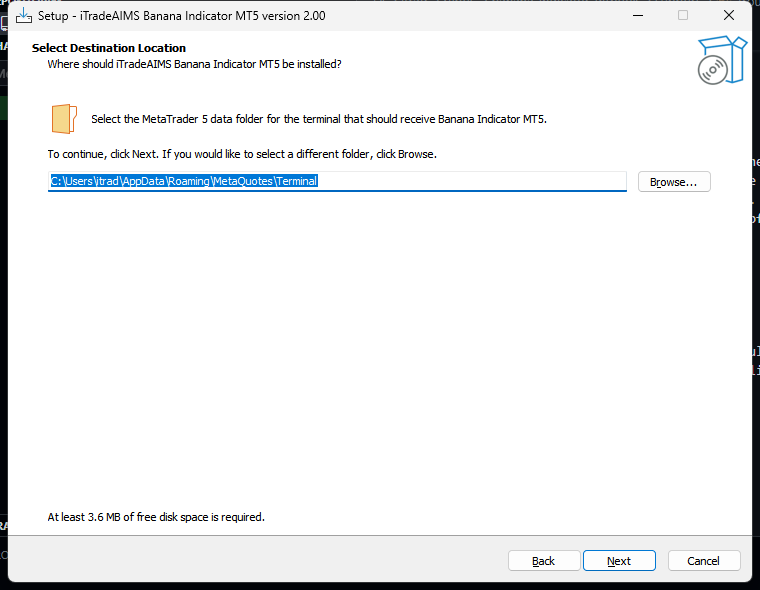 Banana Indicator MetaTrader installer destination folder screen