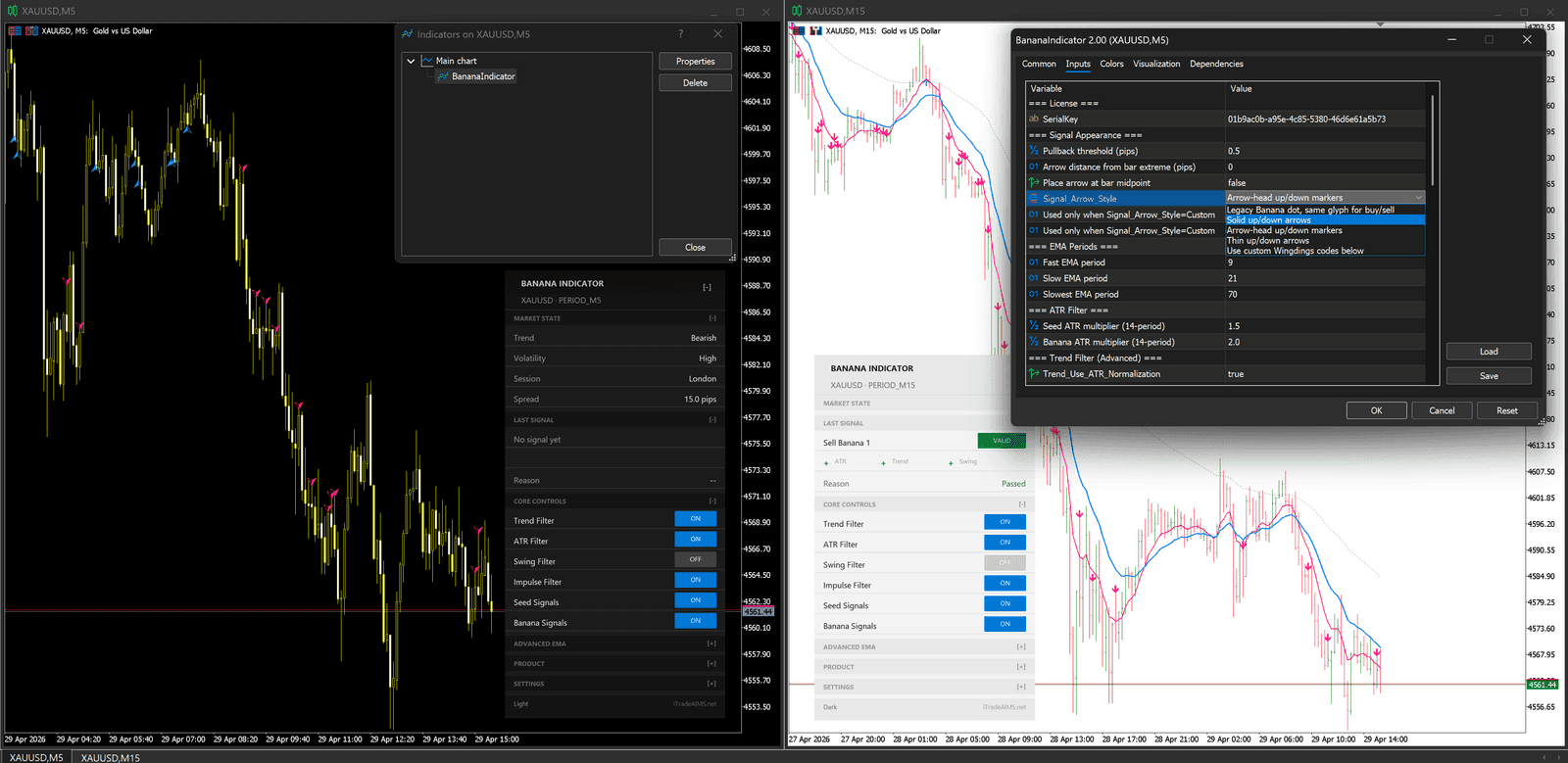 Banana Indicator Inputs tab showing signal arrow style choices