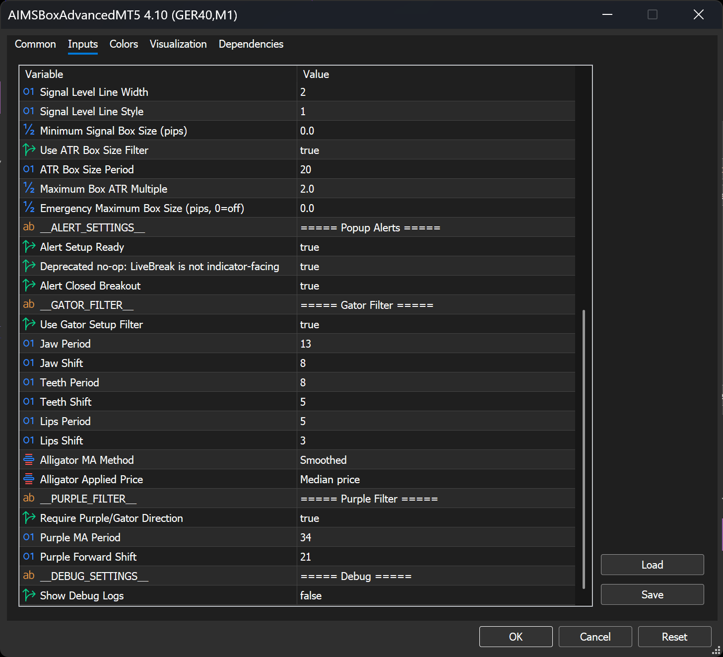 AIMSBoxAdvancedMT5 MT5 Inputs tab — Alert Settings, Gator Filter, Purple Filter, and Debug