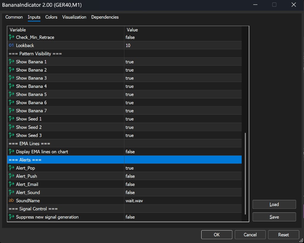BananaIndicator 2.00 MT5 Inputs tab showing pattern visibility, EMA lines, alerts, and signal control