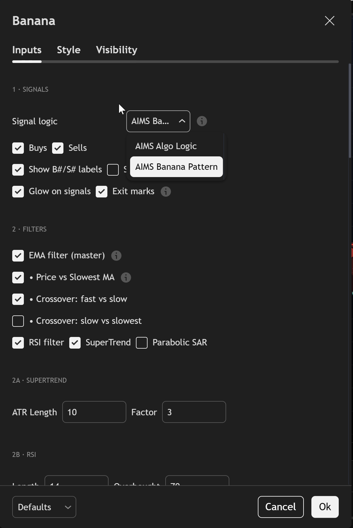 Banana TV Inputs — groups 1 Signals and 2 Filters with SuperTrend and RSI parameters