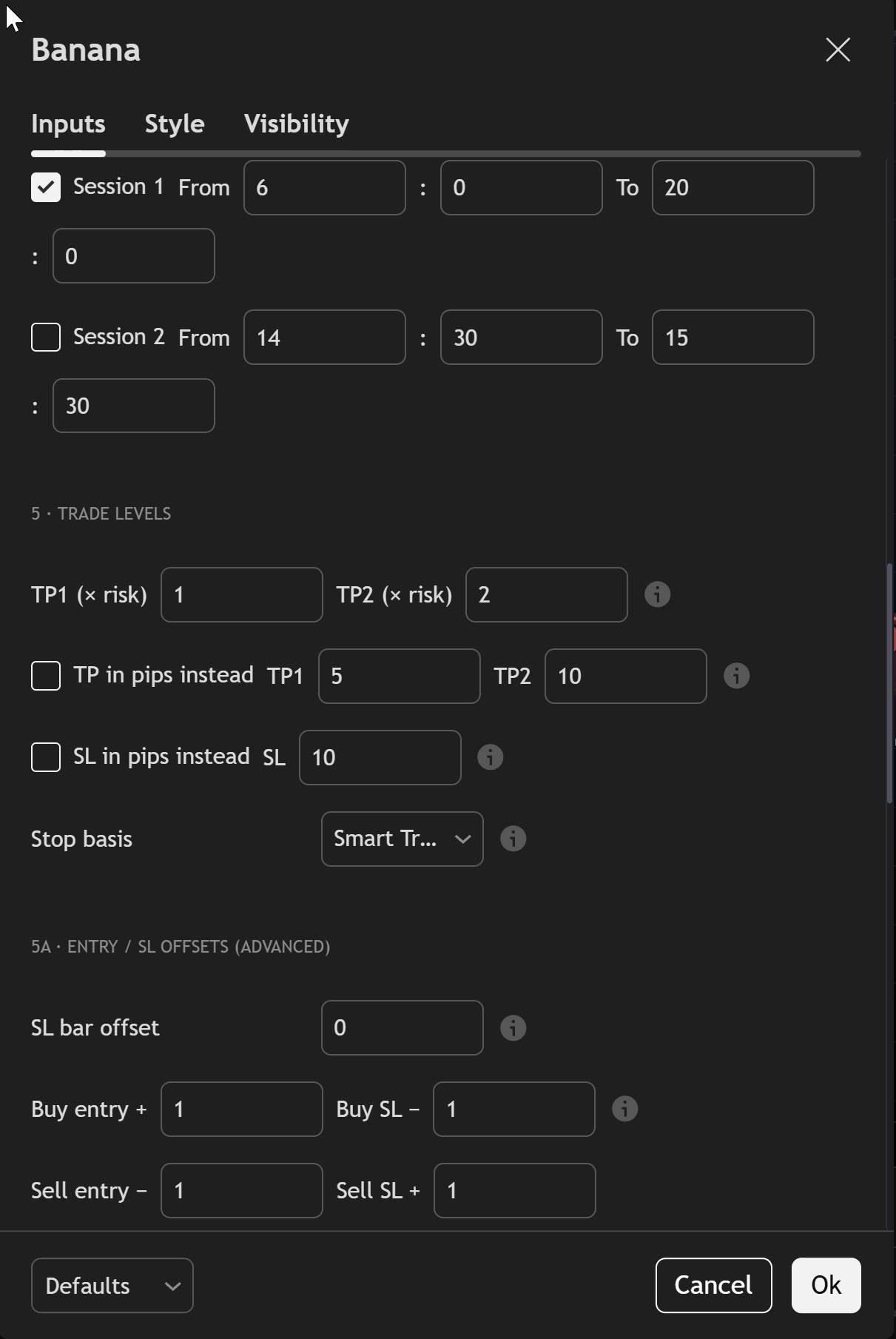 Banana TV Inputs — Trading Session, Trade Levels, and Entry SL offsets