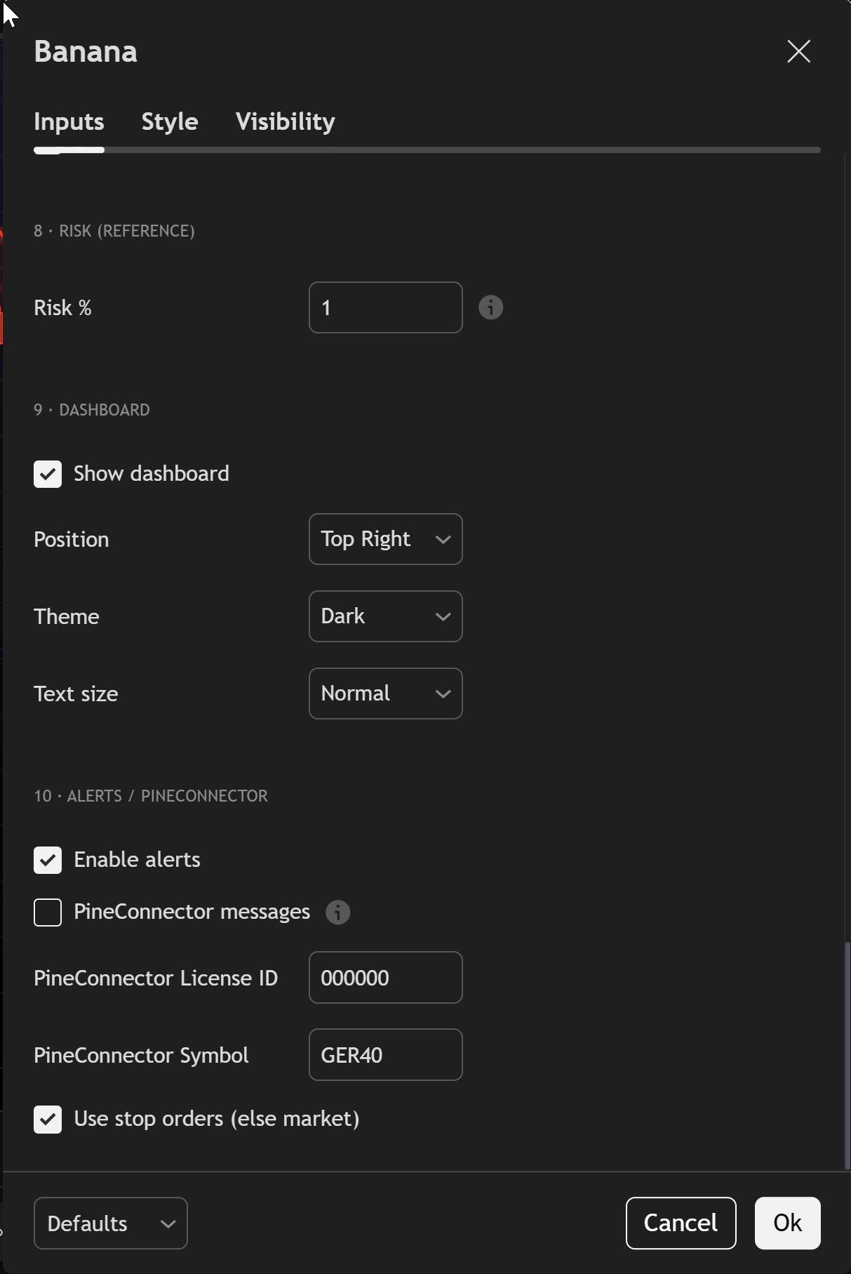 Banana TV Inputs — Risk, Dashboard, and Alerts PineConnector