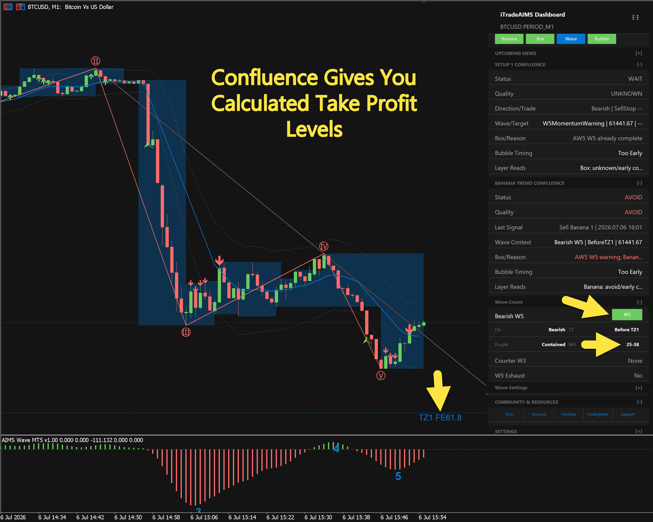 BTCUSD M1 chart with TZ1 take-profit level and Bearish W5 wave context on the dashboard