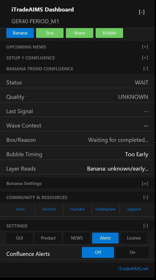 iTradeAIMS Dashboard Settings Alerts tab with Confluence Alerts toggle