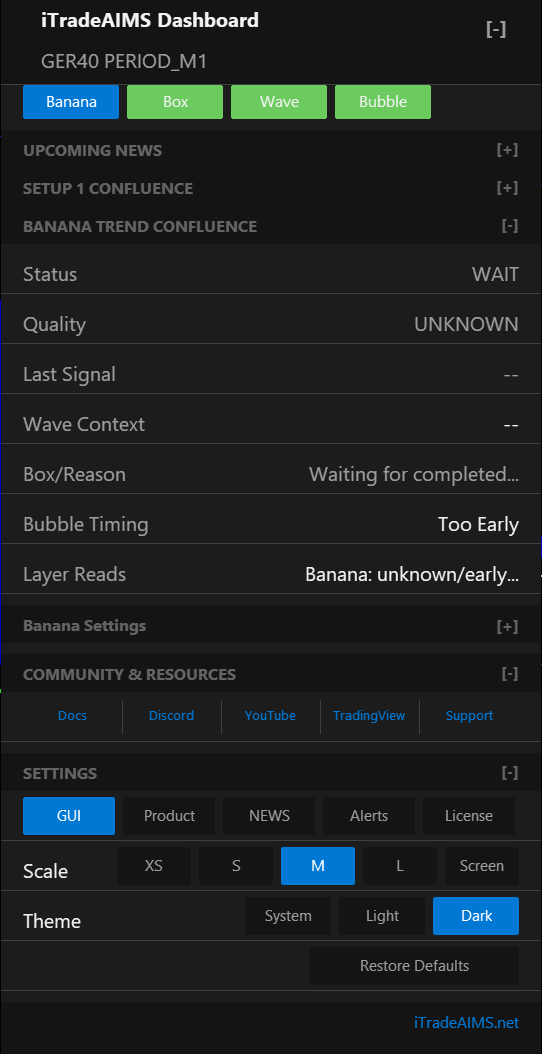 iTradeAIMS Dashboard settings — GUI theme and scale on MetaTrader 5