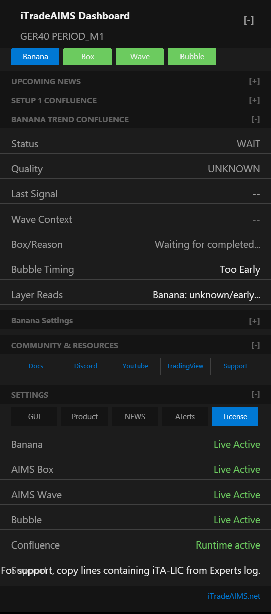 iTradeAIMS Dashboard Settings License tab showing Live Active for Banana, Box, Wave, Bubble, and Runtime active for Confluence