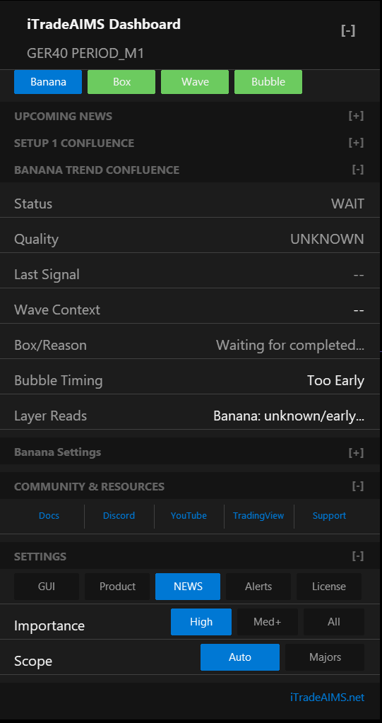 iTradeAIMS Dashboard Settings NEWS tab with High importance and Auto scope