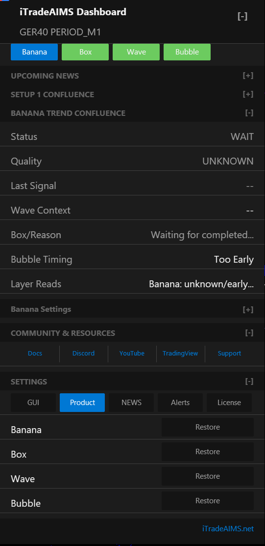 iTradeAIMS Dashboard Settings Product tab with Restore buttons per suite product