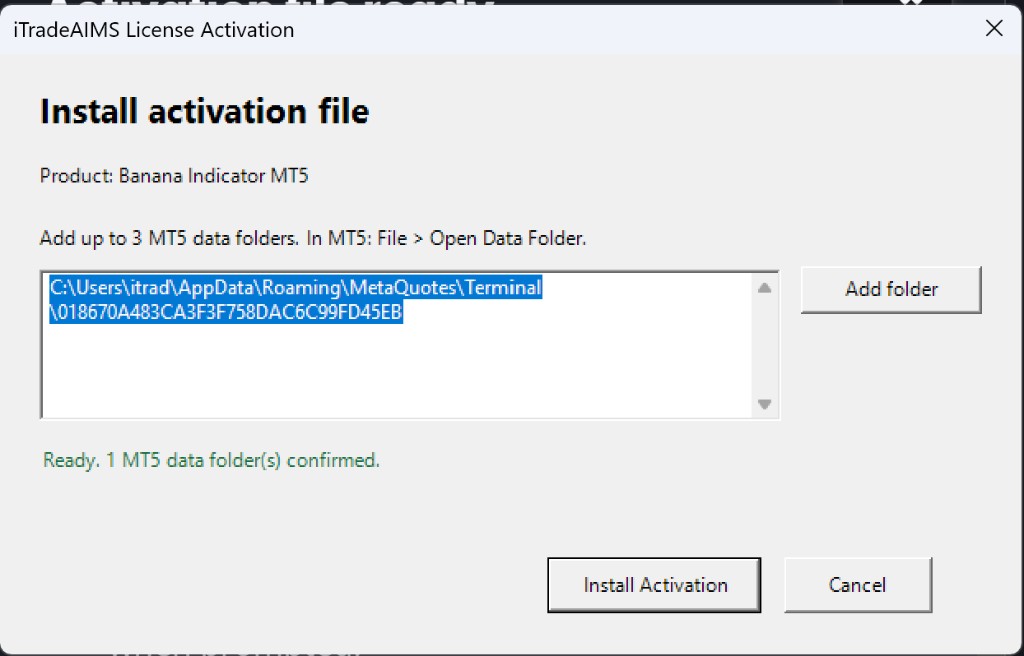 iTradeAIMS License Activation — Install activation file with MT5 data folder list