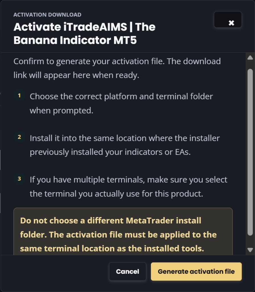 Activation Download modal — confirm and Generate activation file