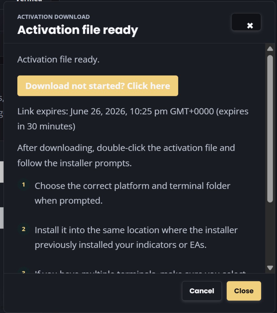 Activation file ready — download link with 30 minute expiry