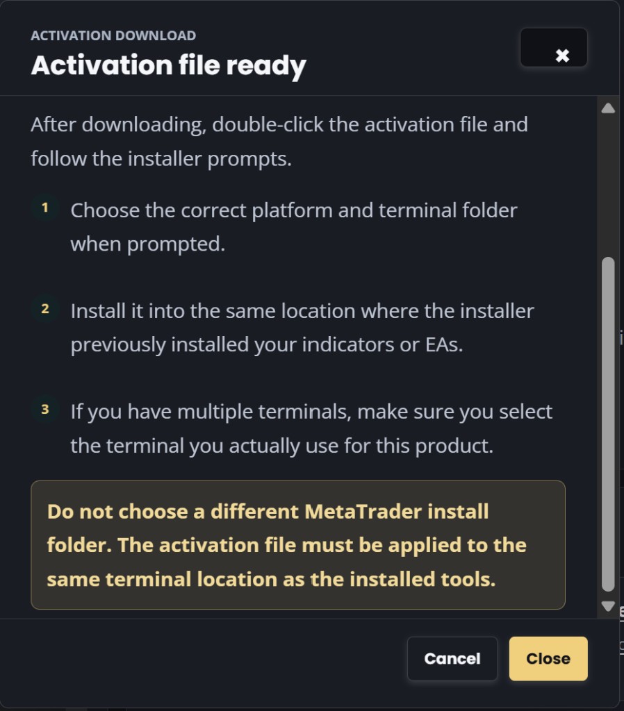 Activation file ready — instructions to double-click and use same terminal folder