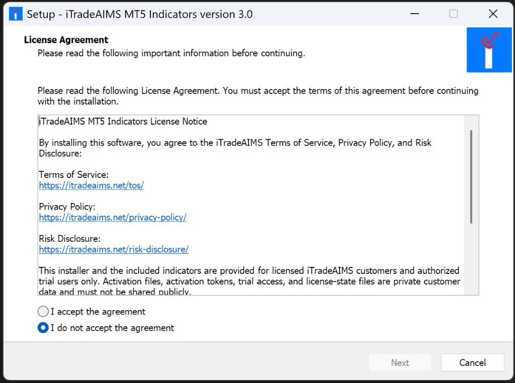 Installer license agreement — accept to continue
