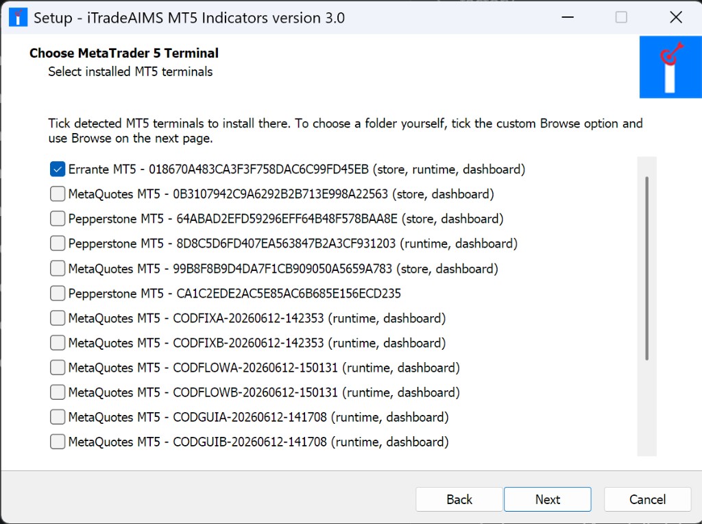 Choose MetaTrader 5 terminal — tick one detected terminal