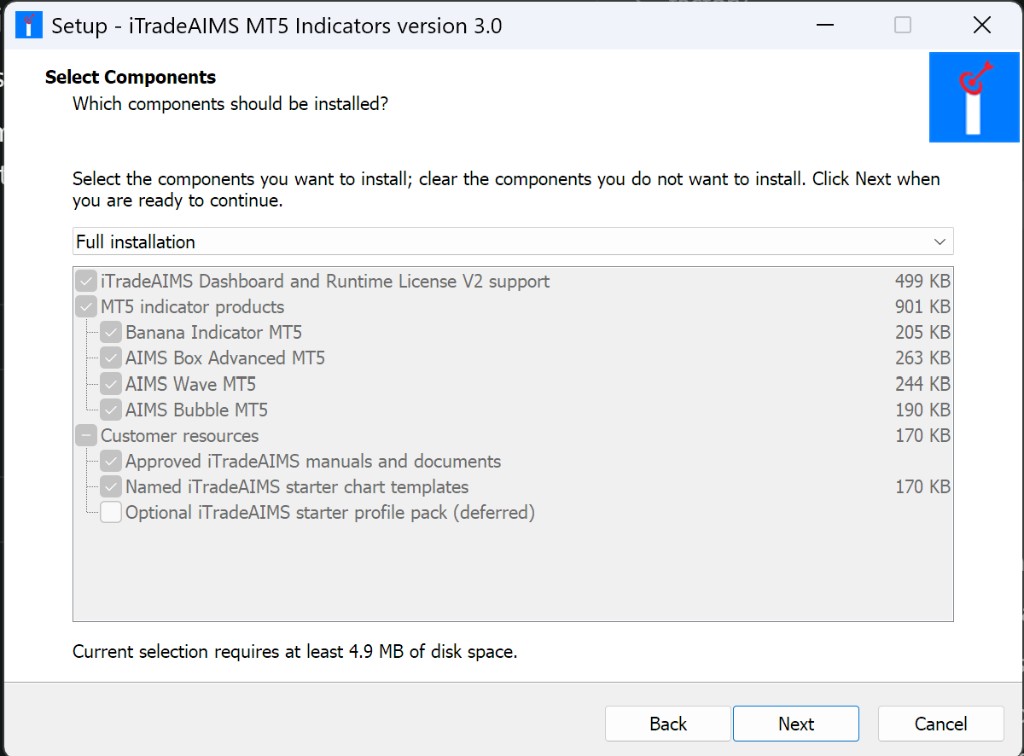 Select components — full installation with Dashboard, indicators, templates