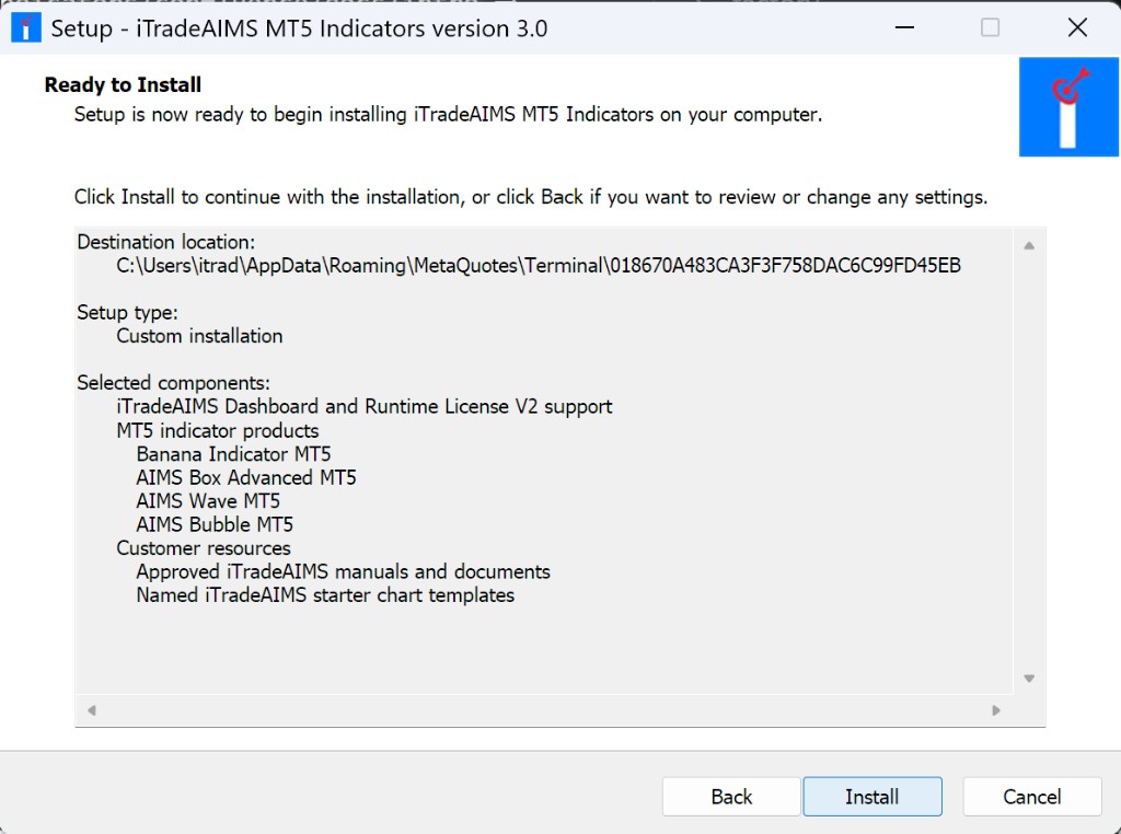 Ready to install — summary showing MT5 data folder destination