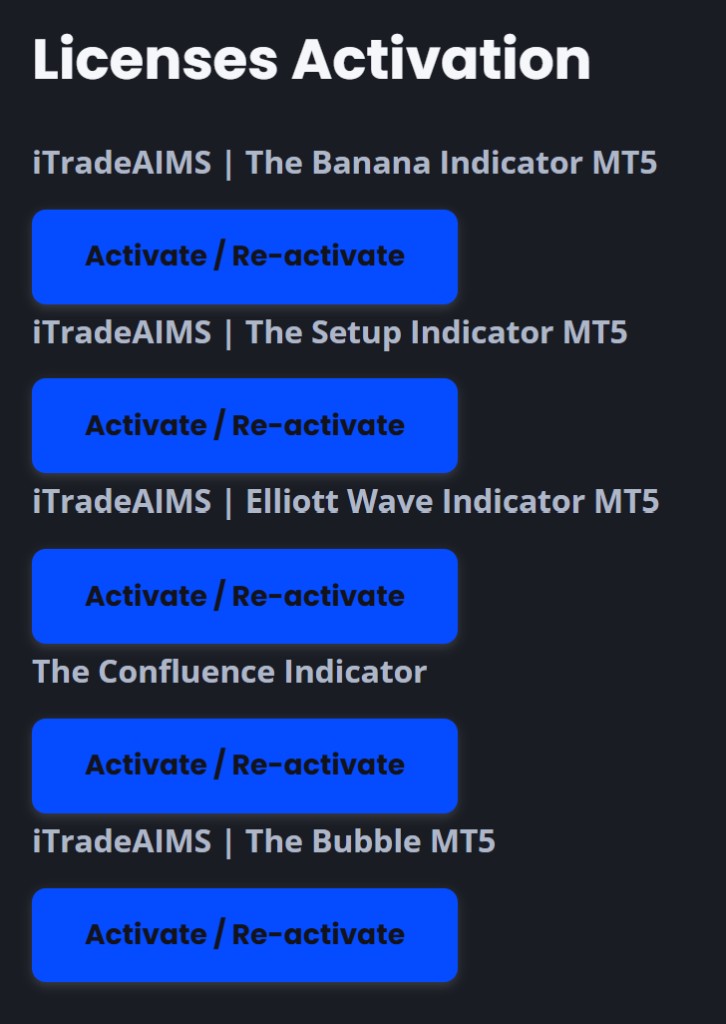 Licenses Activation page on my.itradeaims.net showing five Activate / Re-activate buttons