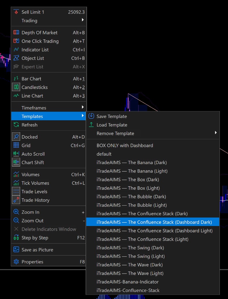 MetaTrader 5 Templates menu with iTradeAIMS starter layouts